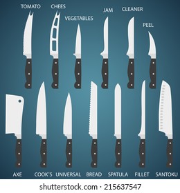 Full Set flat icons of kitchen knives with signature names. Vector isolated on white background.