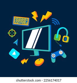 full set of game desk setup with monitor, keyboard, play button, mouse, chat box, headphone, wireless electricity with trophy, full icon of gaming and PC with blue background ready to play Pro gamer