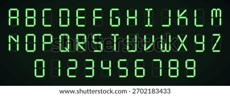 Full set of glowing digital letters and numbers. Green LED display alphabet and digits isolated on dark background