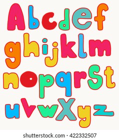 Full set of hand drawn colorful fat cartoon letters, isolated over white.