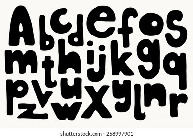 Full set of hand drawn fat cartoon letters, black isolated over white.