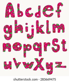 Full set of hand drawn fat cartoon letters in bright pink and green summer colors.