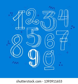 Full set of hand drawn lettering figures from zero to nine. Line art style numerical symbols 1234567890. Contour drawing numbers with doodle elements on blue background. Vector illustration isolated