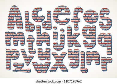 Full set of hand drawn letters in American patriotic stars and stripes pattern in vintage colors, isolated over white.