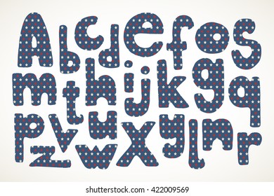 Full set of hand drawn letters in American patriotic stars and stripes pattern in vintage colors, isolated over white.