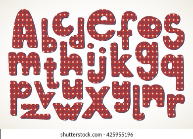 Full set of hand drawn letters in American patriotic stars and stripes pattern in vintage colors, isolated over white.