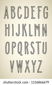 Full set of hand drawn outline letters. Vector illustration in black contour isolated over beige.