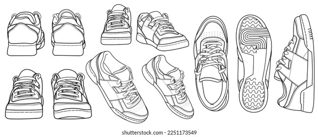 Full set of hand drawn sneakers, gym shoes, top view. Image in different views including front, back, top, side, sole and 3d view. Doodle outline vector illustration.