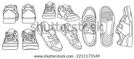 Full set of hand drawn sneakers, gym shoes, top view. Image in different views including front, back, top, side, sole and 3d view. Doodle outline vector illustration.
