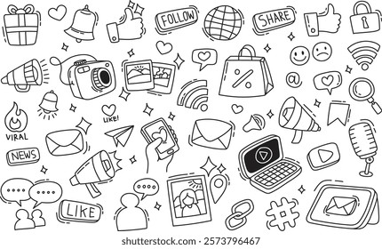 Full set hand drawn social media element doodle illustration