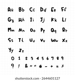 A full set of hand-drawn letters (uppercase, lowercase), numbers, and punctuation. Ideal for font makers, planners, or cute design projects. Not an installable font.