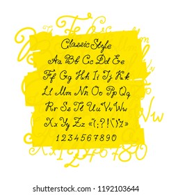 Full set of handwritten font. Vector. Capital letters. Classic calligraphic font. Letters are symbols for the design of a poster, flyer or presentation. Signs for logo. All letters are separate.