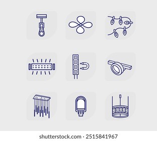 full set of icons on the topic of chandeliers and electricity light