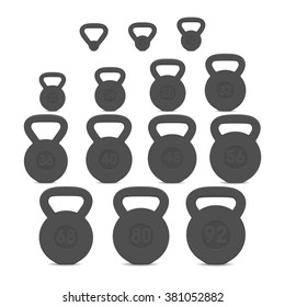 A full set of kettlebels of different weights. Kilograms