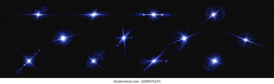 Full set of light flashes, glowing lens flares, glitters including sun sparkles, shining stars, abstract light effects and bright highlights. Vector.