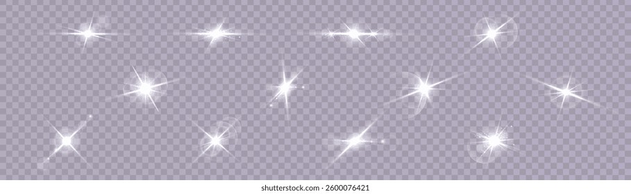 Full set of light flashes, glowing lens flares, glitters including sun sparkles, shining stars, abstract light effects and bright highlights. Vector.