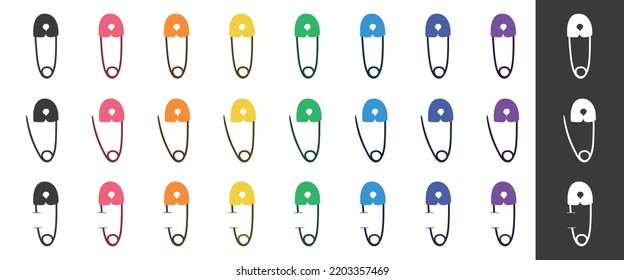 Full set of multicolor safety pins clipart. Safety pins flat vector illustration isolated on white background. Safety pin cartoon style icon. Kids, baby shower, newborn and nursery decoration concept