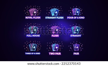 Full set of neon poker hand rankings signs. Pink and blue shine neon casino playing cards Stock photo © 