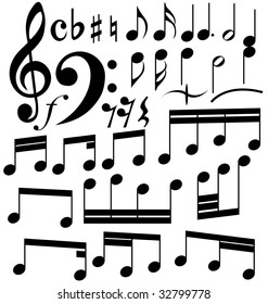 Full set of notes symbols on the white background