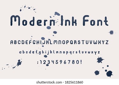 Full set original font, both lowercase and uppercase, numbers and signs, modern alphabet, ink dark blue color, grungy serif style