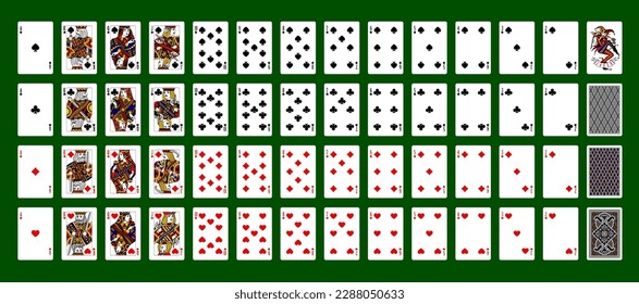 Full set of playing cards with Joker and back sides on green background. Original design. Vector illustration