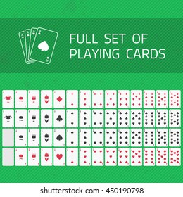 Full set of Poker cards isolated on green background. A complete set of playing cards. 