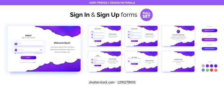 Full Set of Sign Up and Sign In forms. Purple gradient. Registration and login forms page. Professional web design, full set of elements. User-friendly design materials.