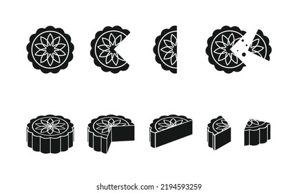 Full set of whole, a half, a quarter cut slice of baked mooncake flat icon for web. Mooncake sign web icon silhouette. Simple moon cake solid black icon vector design, top view and 3d angle view