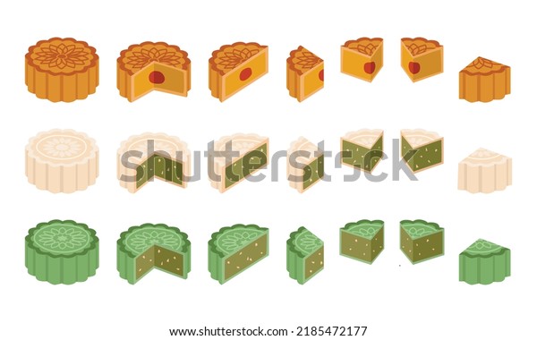Full set of whole, half, a quarter of mooncakes with\
different flavors and ingredient clipart. Baked, sticky rice,\
matcha tea flavor mooncake vector design illustration. Mid-Autumn\
Festival moon cake