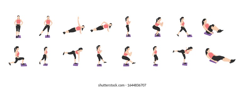 Full Set woman doing exercise with pad. pink cloth and black hair. ready for print.