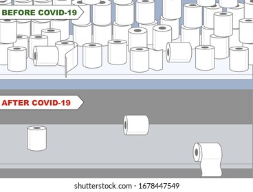 A Full Shelf With Toilet Paper Before The Coronavirus And An Empty Shelf After The Coronavirus. Vector Illustration