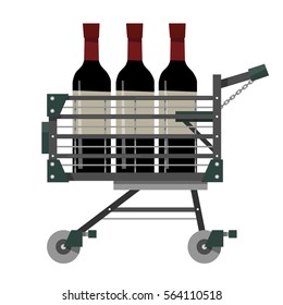 Full shopping basket with big bottles of wine in flat style. Equipment for supermarket. Vector illustration isolated on white background.