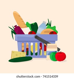 Full shopping basket with food. Supermarket cart.