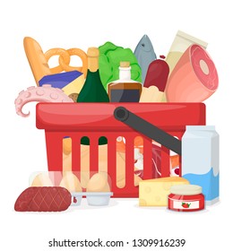 Full shopping basket with fresh, healthy and natural product. Food store, supermarket. Vector illustration
