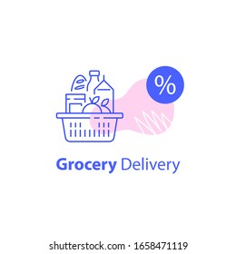 Full shopping basket, grocery store, supermarket special offer, food delivery, consumption concept, best deal, percentage sign, vector line icon