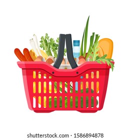 Full shopping basket of market food and products. Organic fruit, vegetables and supermarket products. Vector