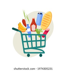 Full shopping basket in the supermarket. Food cart shop. Grocery store vector icons. Illustration of shopping carts and trolleys for a supermarket, food items from a grocery market
