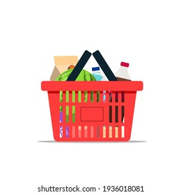 Full shopping basket with various kinds of goods isolated on a white background