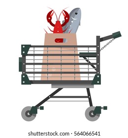 Full shopping cart with food bag in flat style. Equipment for supermarket. Vector illustration isolated on white background.