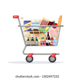 Full Shopping Cart. Food Store, Supermarket. Set Of Fresh, Healthy And Natural Product. Vector Illustration