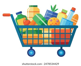 A full shopping cart of groceries with bottles, bread, and produce. Vector illustration