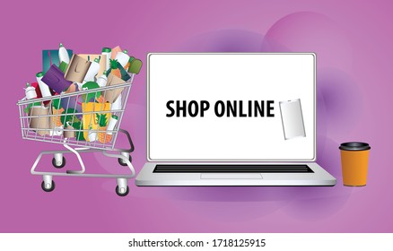 Full shopping cart and laptop with word Shop online, for Concept of Digital marketing and marketplace