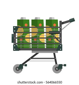 Full shopping cart with a large juice boxes in flat style. Equipment for supermarket. Vector illustration isolated on white background.