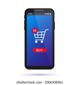full shopping cart in the online store. application in a smartphone for online payment of orders. 3d vector illustration isolated on white background