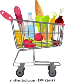 A full shopping cart. Shop, supermarket. A set of fresh, healthy and natural products. Vector illustration on a white background.