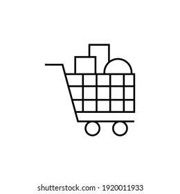full shopping trolley icon  in flat black line style, isolated on white background 