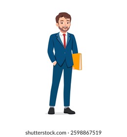Full shot of businessman wearing suit and holding book, standing smiling