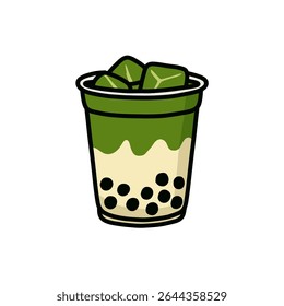 Full shot of a cartoon matcha bubble tea in a disposable cup.  Ice cubes, matcha green drink, and tapioca pearls are clearly visible.
