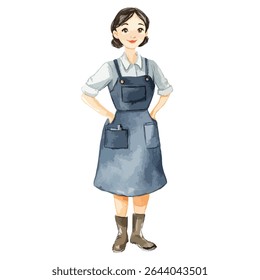 Uma foto completa de uma mulher com cabelo castanho curto, vestindo um vestido azul geral, camisa branca e botas marrons, com as mãos nos bolsos.