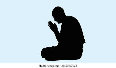 Full side profile silhouette of an elderly man or Buddhist monk sitting cross-legged in a prayer position with hands together, isolated against a solid light blue background.